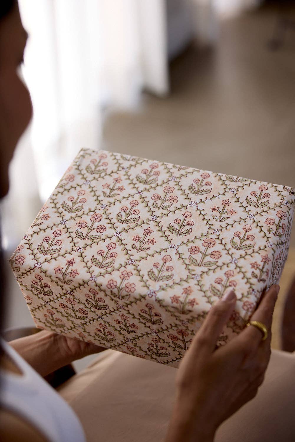 Block Printed Wrapping Paper Sheets - Floral Lattice Terracotta