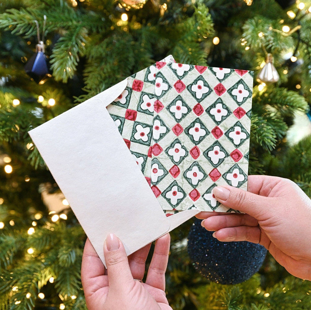 Hand Block Printed Greeting Card - Floral Checks Sage