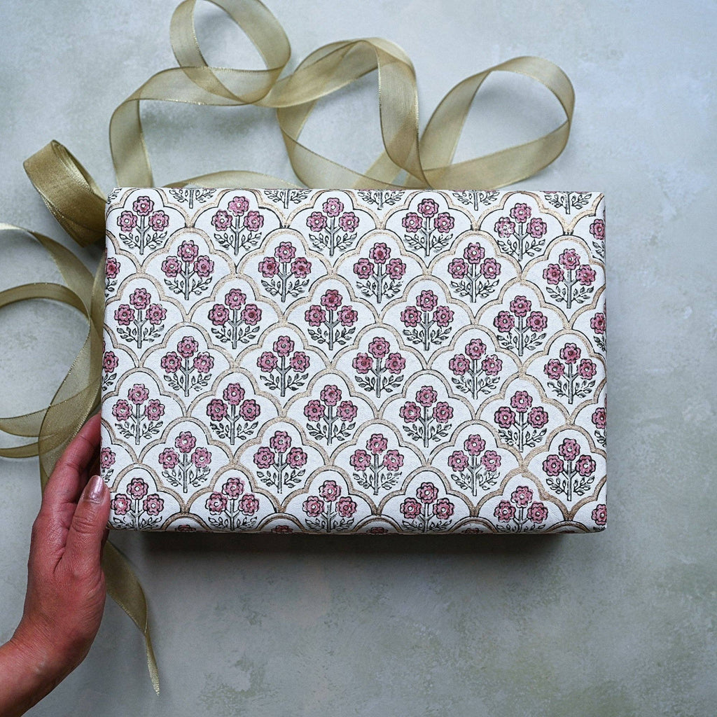 Block Printed Gift Wrap - Trellis Pink Earth