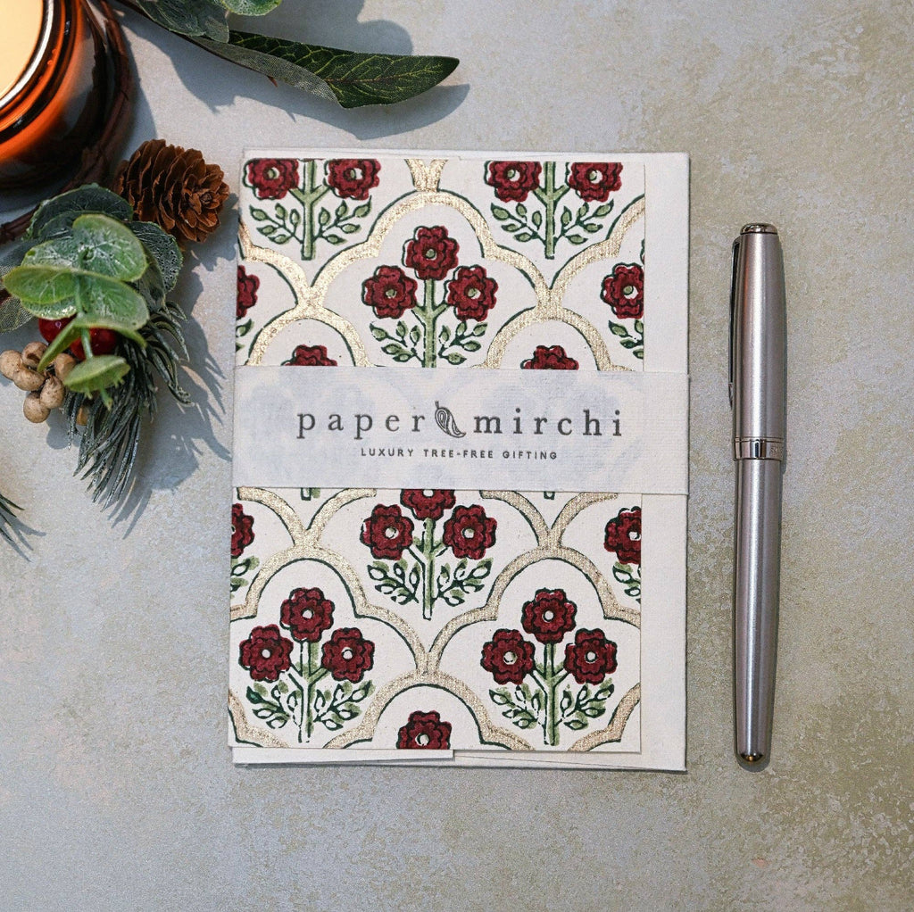 Hand Block Printed Greeting Card - Trellis Cherry