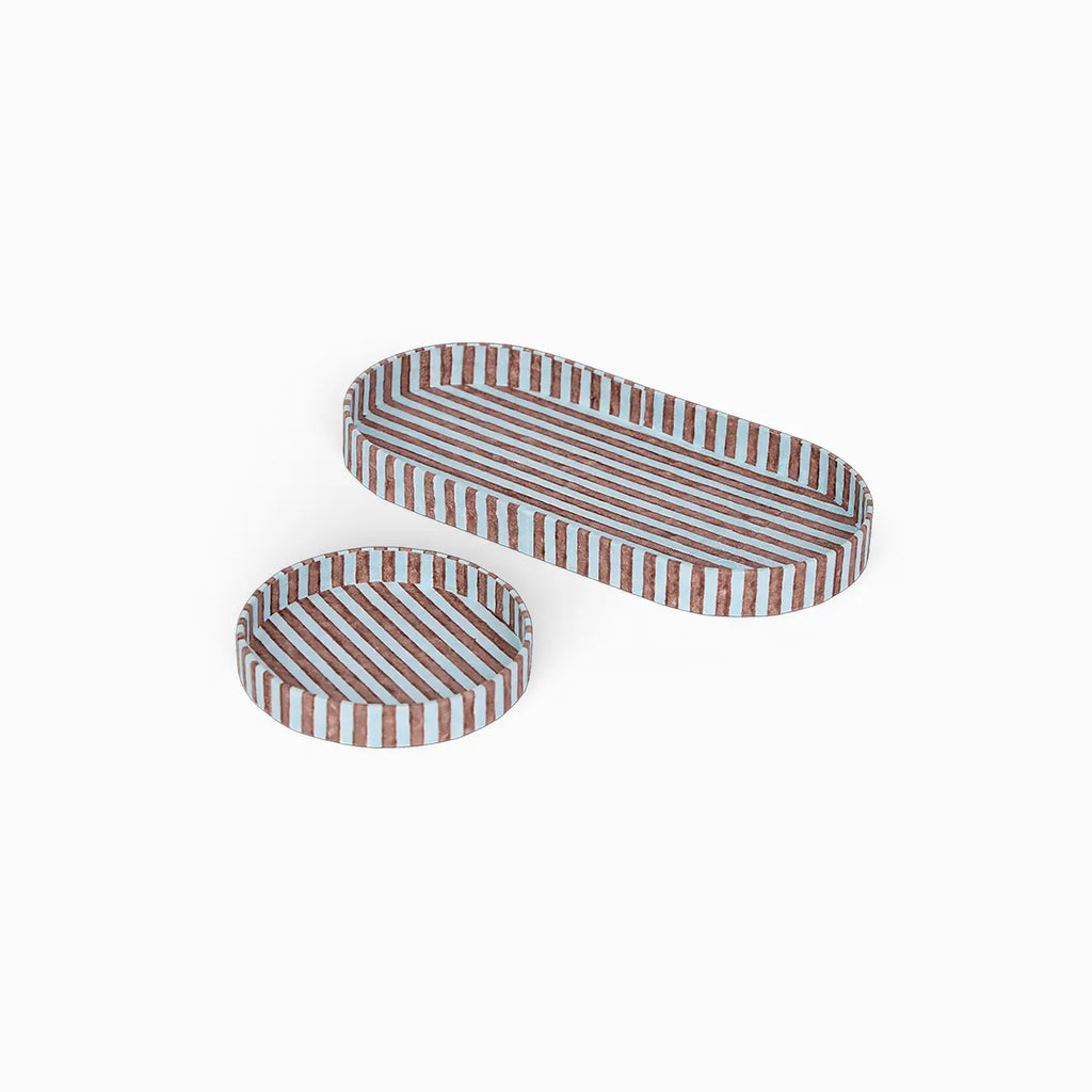 Block Printed Oval Tray Set Classic Stripe Blue Brown