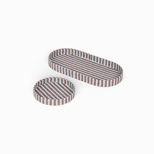 Block Printed Oval Tray Set Classic Stripe Blue Brown