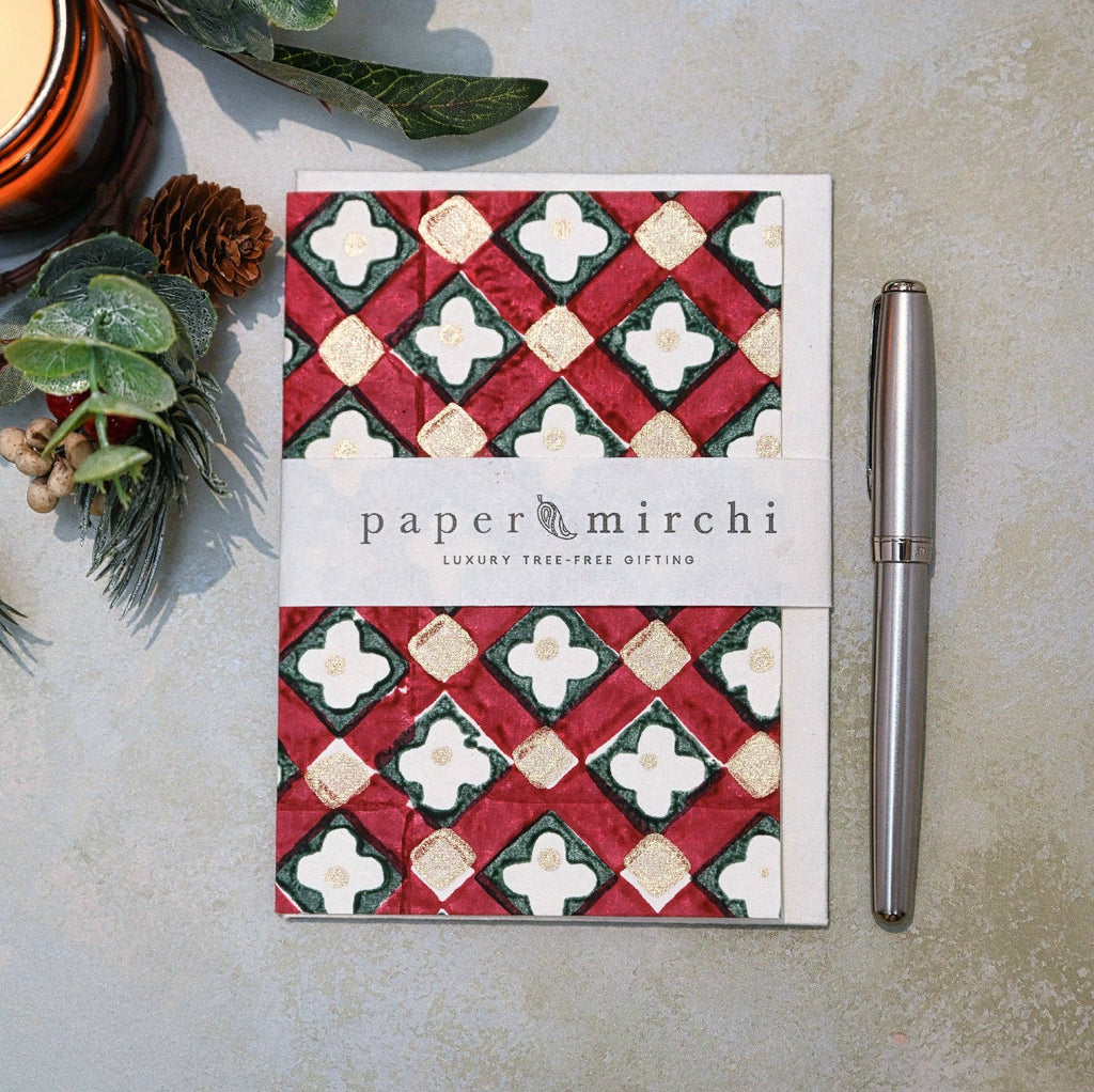 Hand Block Printed Greeting Card - Floral Checks Scarlet