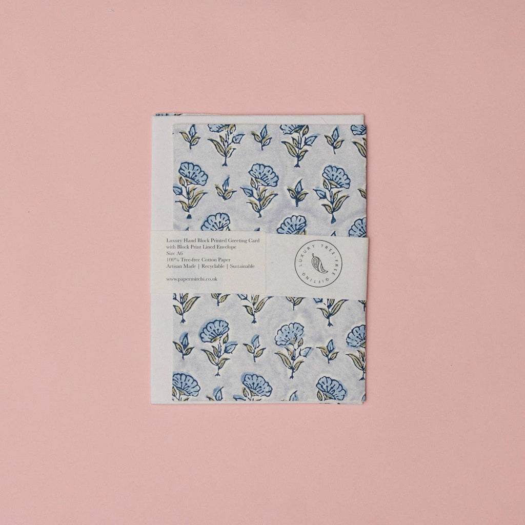 Block Printed Greeting Card - Ditsy Floral Blue Stone