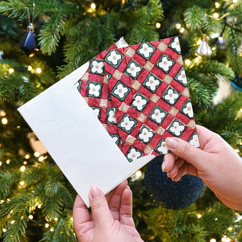 Hand Block Printed Greeting Card - Floral Checks Scarlet
