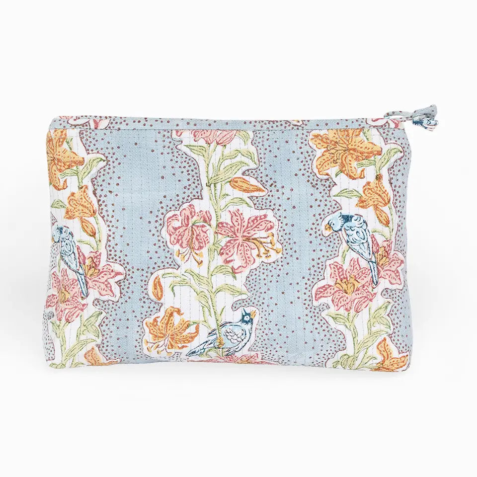 Block Printed Quilted Pouch L Sky Meher