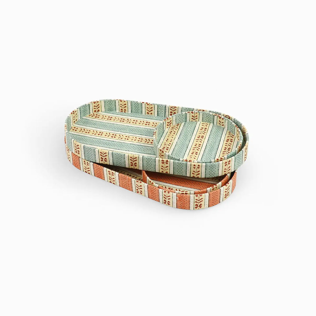 Block Printed Oval Tray Set Brick Red Rhea