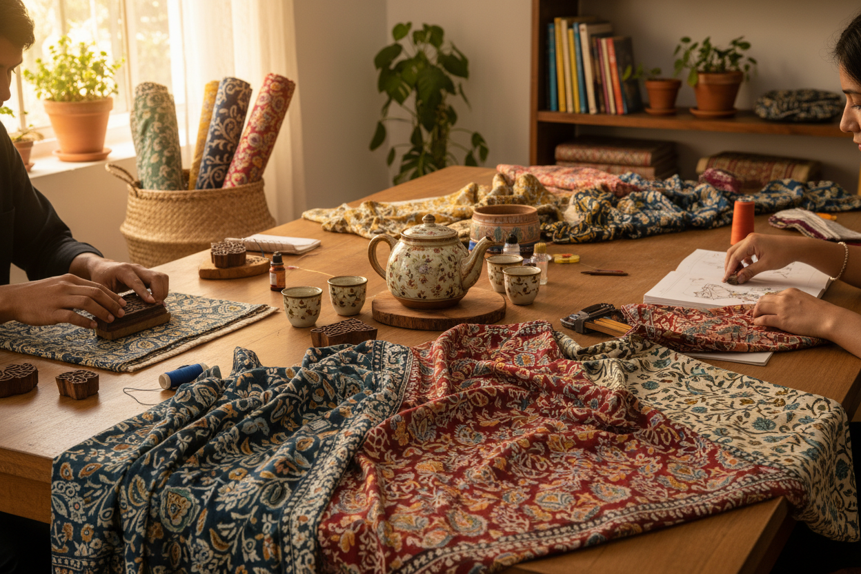 people sitting around a crafting table with block print fabric around the table and teapot on the table 