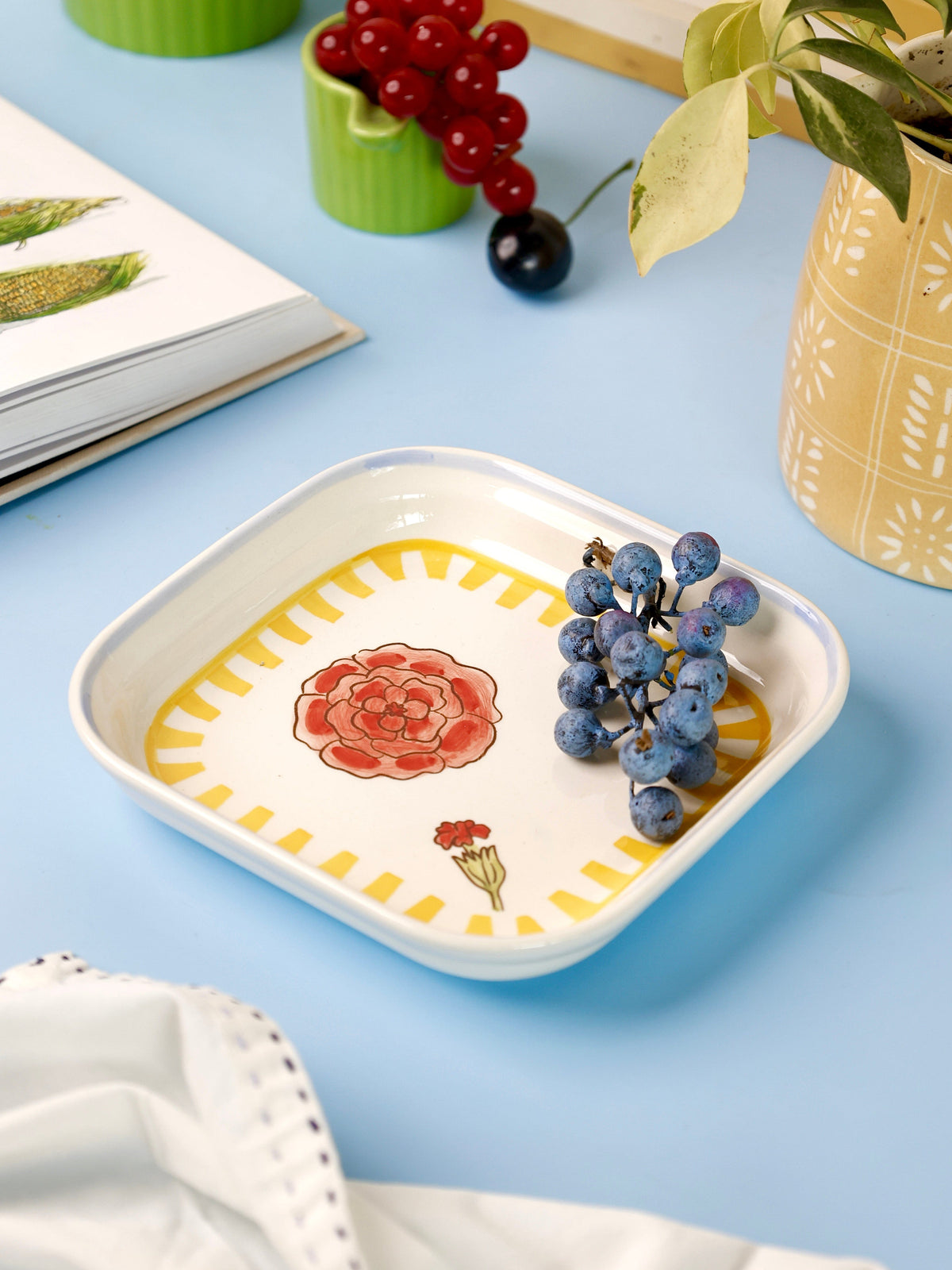 Stripe & Stem Handpainted Ceramic Square Snack Plate 15.5 cm - top view